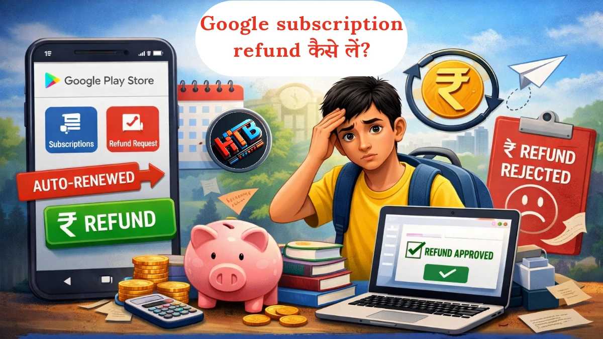 Google Play subscription refund process को समझाता हुआ image, जिसमें auto-renewal और students के लिए refund guide दिखाया गया है