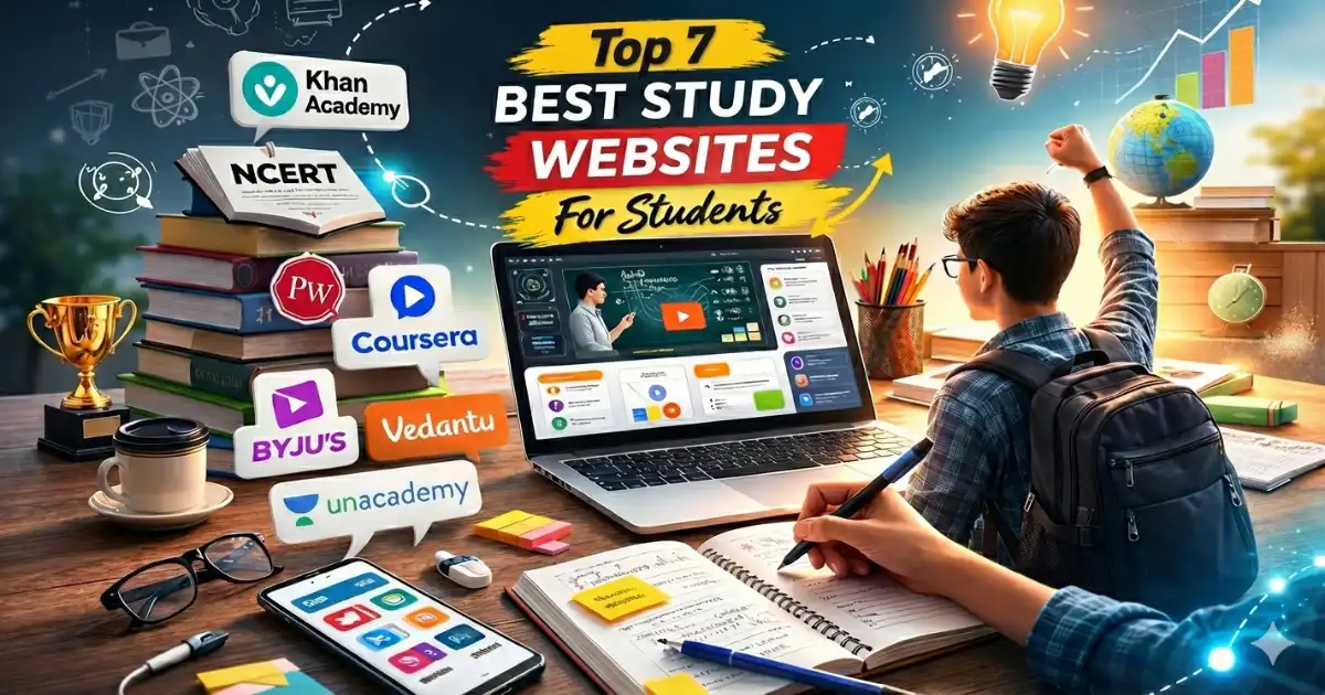 Top 7 best study websites for students in India 2026 including Khan Academy, NCERT, PW, Coursera, Unacademy, and Vedantu
