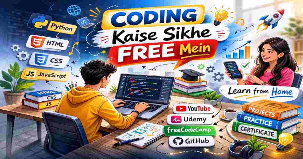 Student laptop par coding karte hue – Coding kaise sikhe free mein Hindi guide with Python, HTML, CSS icons