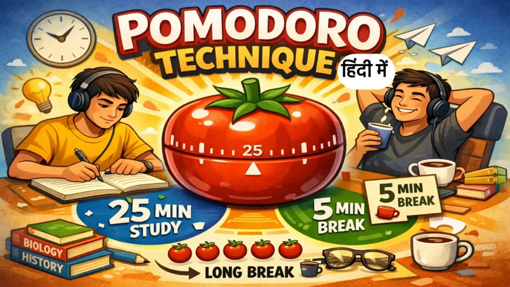 Pomodoro Technique study method for students - 25 minute timer with books and notes in Hindi
