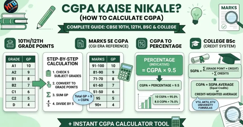 CGPA kaise nikale step by step guide showing CBSE grade points table, marks to CGPA conversion, CGPA to percentage formula and college SGPA calculation