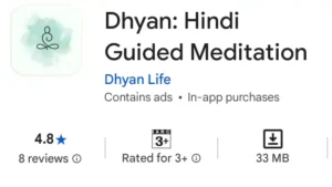 Dhyan Hindi guided meditation app interface with subscription and Hindi meditation content