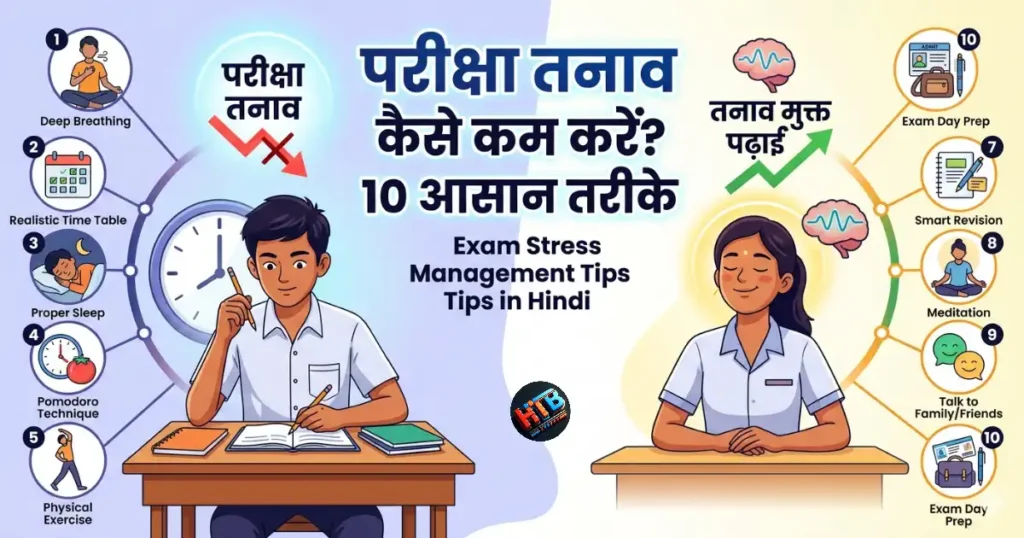 परीक्षा तनाव कम करने के 10 आसान तरीके दिखाते हुए छात्र और छात्रा की चित्रात्मक प्रस्तुति