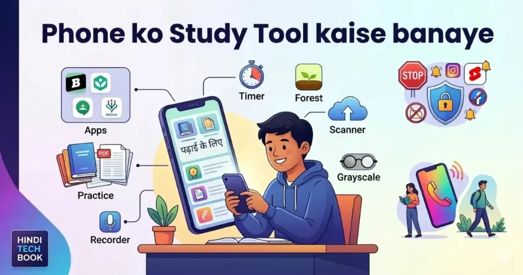 Phone ko study tool kaise banaye - apps, timer, forest, grayscale aur recorder ke saath ek student padhai karta hua