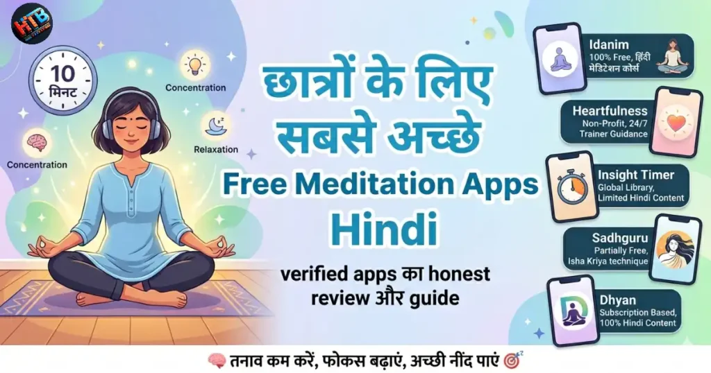 छात्रों के लिए Best Free Meditation Apps Hindi 2026 - meditation करते हुए student, stress relief और focus improve apps