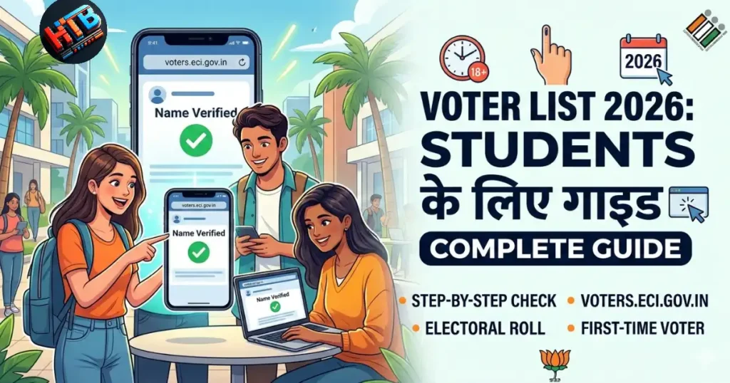 कॉलेज के छात्र मोबाइल और लैपटॉप पर 2026 की वोटर लिस्ट में अपना नाम चेक करते हुए, साथ में 'Voter List 2026: Students के लिए गाइड' टेक्स्ट।