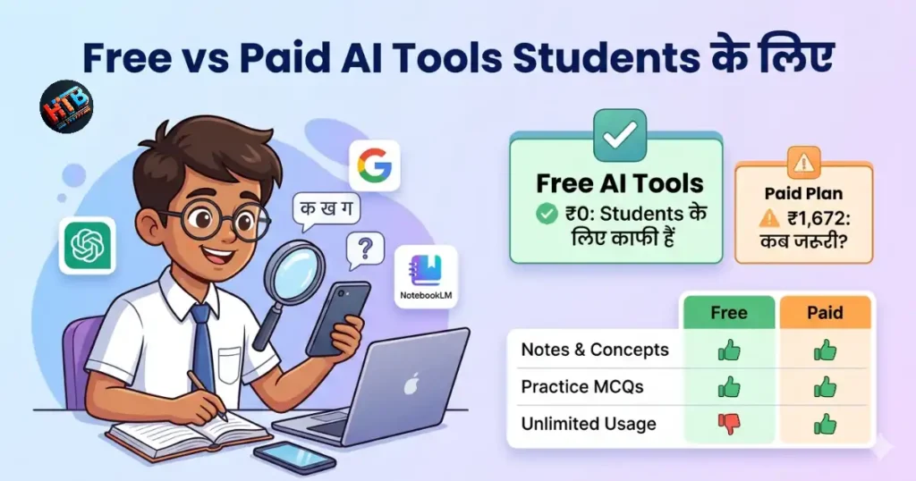Free vs Paid AI Tools Students के लिए — ₹0 में ChatGPT, Gemini, NotebookLM से board exam preparation